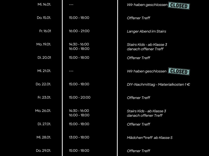 Jugendhaus Öffnungen im Januar&nbsp;2026
